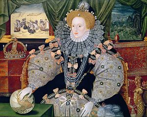 Portrait of Elizabeth commemorating  the defeat of the Spanish Armada. Her hand on the globe synbolizes international power.